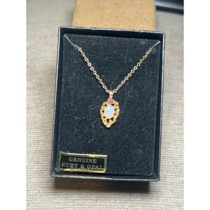 Vintage Van Doran Genuine Ruby and Fire Opal  Gold Tone Pendant Necklace W/ Box